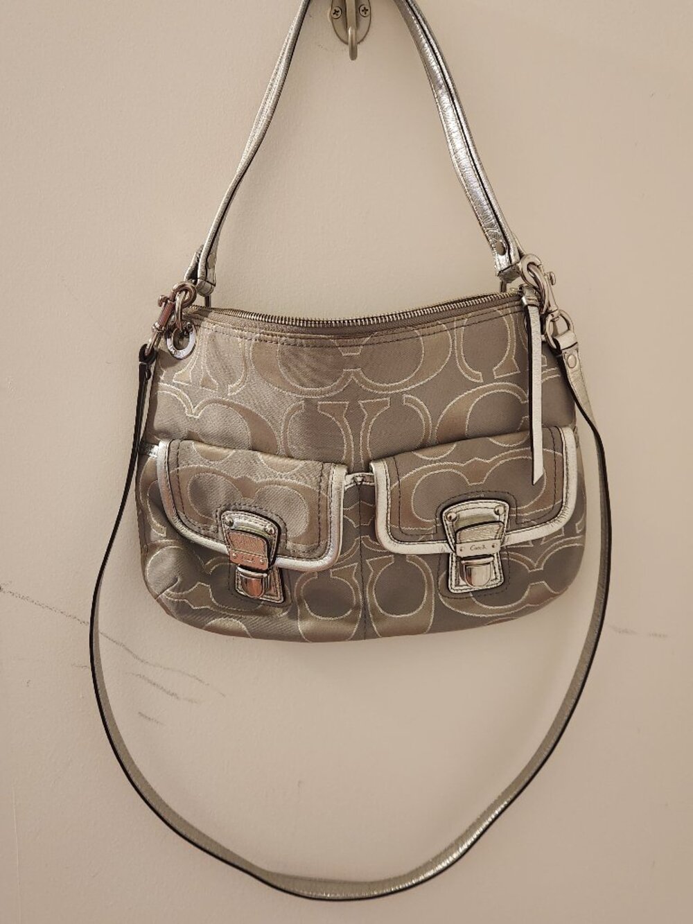 Coach Metallic Silver Signature Crossbody Bag